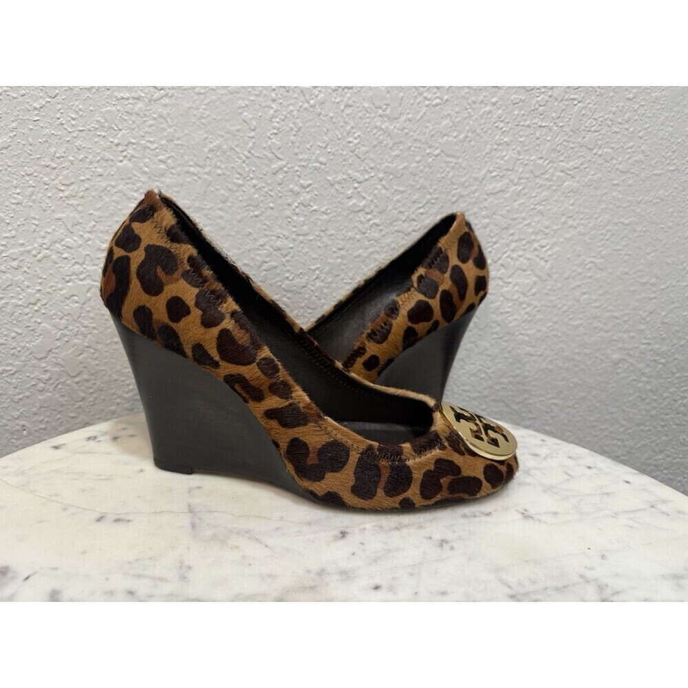Tory Burch Calf Leather Sally Wedge Leopard Print Round Toe Heel Sz 6 Maybe - Picture 7 of 12
